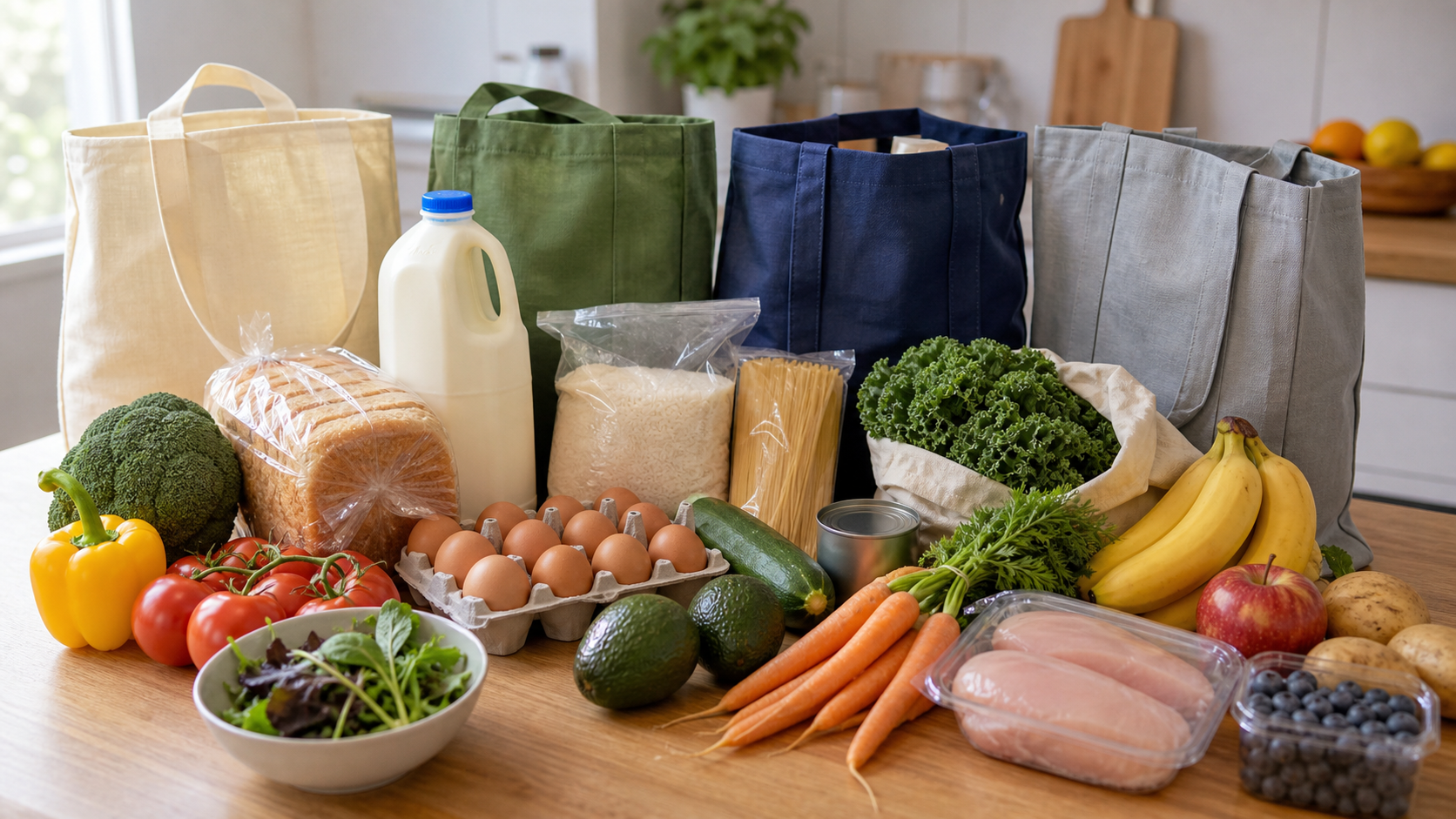 Coles、Woolworths、ALDI風の買い物袋と野菜、レシートのイメージ