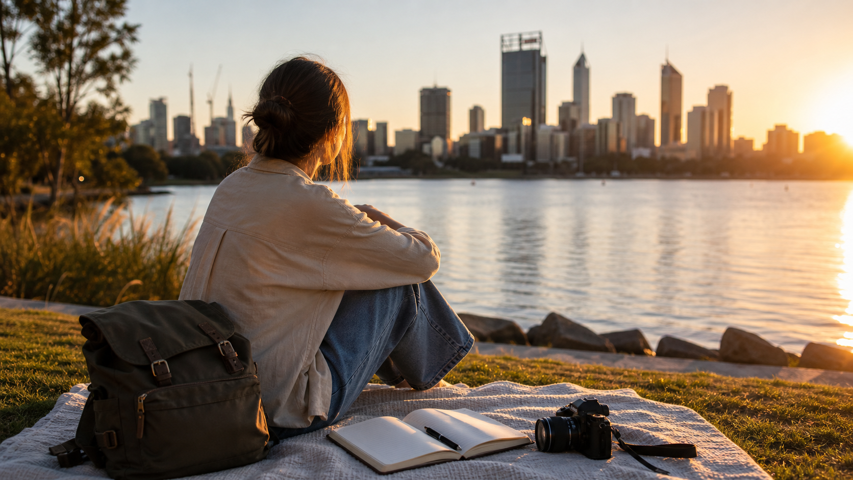 パースの夕暮れ、ノート、写真、スーツケース、海辺を歩く後ろ姿のような成長の風景